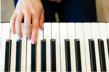 Picture of the hand of a young woman with colorful fingernails ready to play a piano